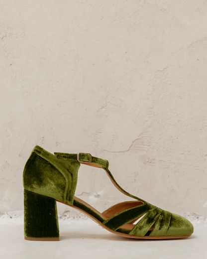 Velvet Cut-Out Block Heels with Buckle and T-Bar Strap