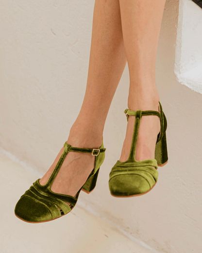 Velvet Cut-Out Block Heels with Buckle and T-Bar Strap