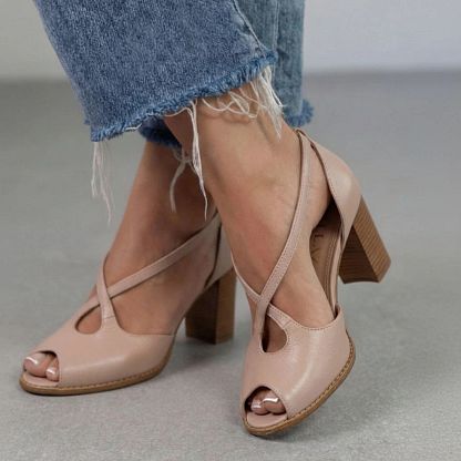 Elegant Powder Pink and Pink Open-Toe Block-Heel Sandals with Crossover Straps