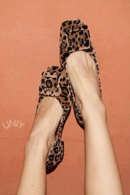 Velvet Square-Toe Flats with Buckle