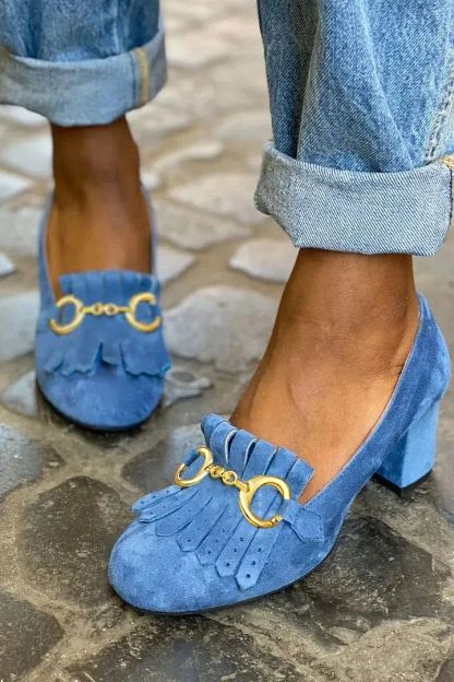 Matt Round-Toe Block Heels with Buckle and Fringe