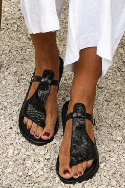 Crocodile-Effect Thong Sandals with Buckled Instep Strap