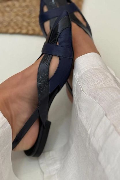 Navy Patchwork Cut-Out Pointed-Toe Slingback Flats