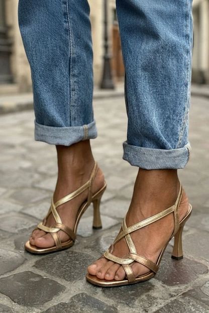 Metallic Gold Stiletto Sandals with Crossover Straps
