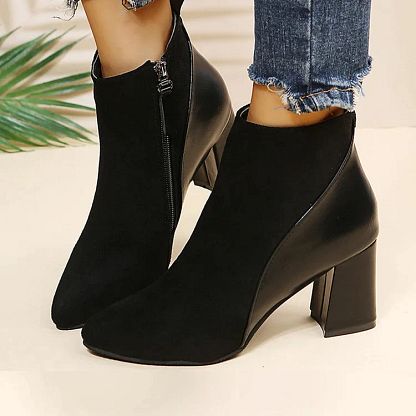 Pointed-Toe Patchwork Chunky-Heel Ankle Boots with Zip