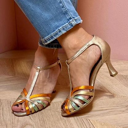 Multicolour and Gold Cut-Out Stilettos with Buckle and T-Bar Strap