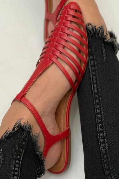 Simple Casual Black Pointed-Toe Cut-Out Sandals with T-Bar Strap