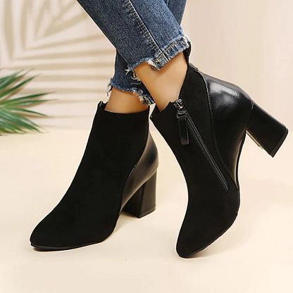 Pointed-Toe Patchwork Chunky-Heel Ankle Boots with Zip