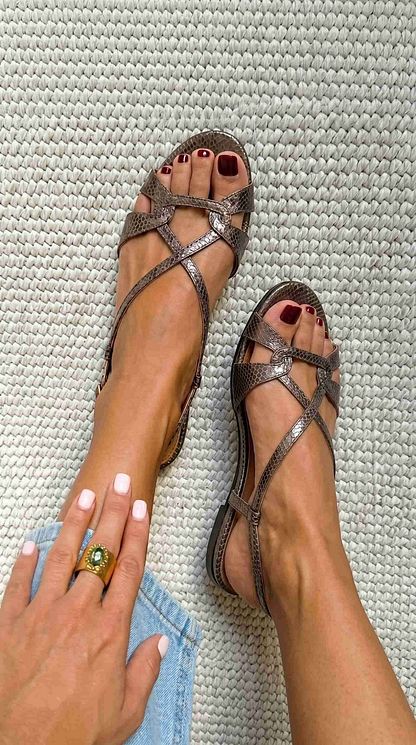 Bronze Snakeskin-Print Sandals with Open Toe and Back Strap