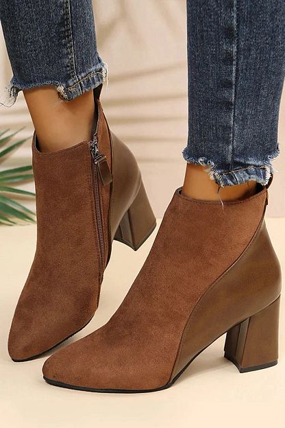 Pointed-Toe Patchwork Chunky-Heel Ankle Boots with Zip