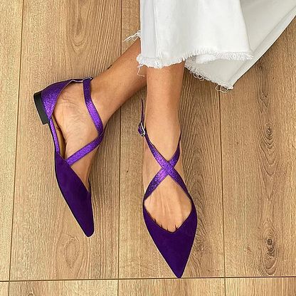 Pointed-Toe Glitter Flats with Matt Crossover Strap