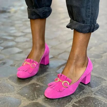 Matt Round-Toe Block Heels with Buckle and Fringe