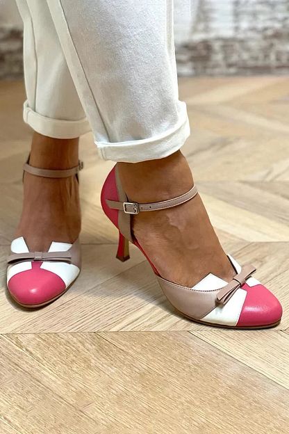 Fuchsia Colour-Block Patchwork Round-Toe Stilettos with Bow