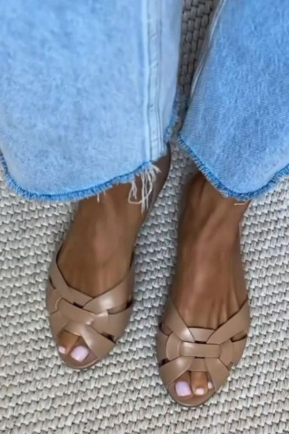 Faux Leather Woven Peep-Toe Flats with Crossover Straps and Closed Heel