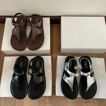 Casual Solid-Colour Thong Sandals with Ankle Strap and Buckle