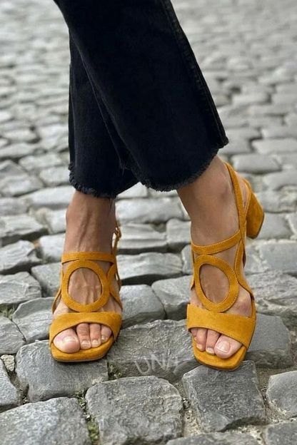 Yellow Cut-Out Square-Toe Slingback Heeled Sandals