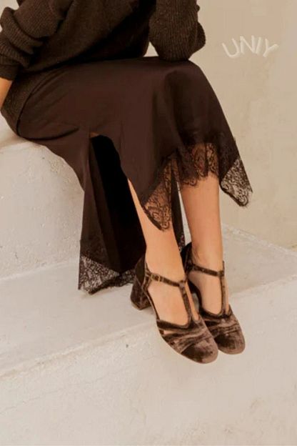 Velvet Cut-Out Block Heels with Buckle and T-Bar Strap