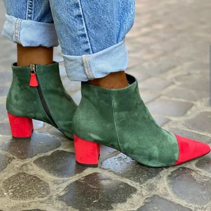 Green Colour-Block Pointed-Toe Block-Heel Boots with Zip