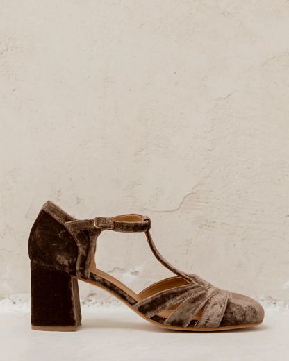 Velvet Cut-Out Block Heels with Buckle and T-Bar Strap