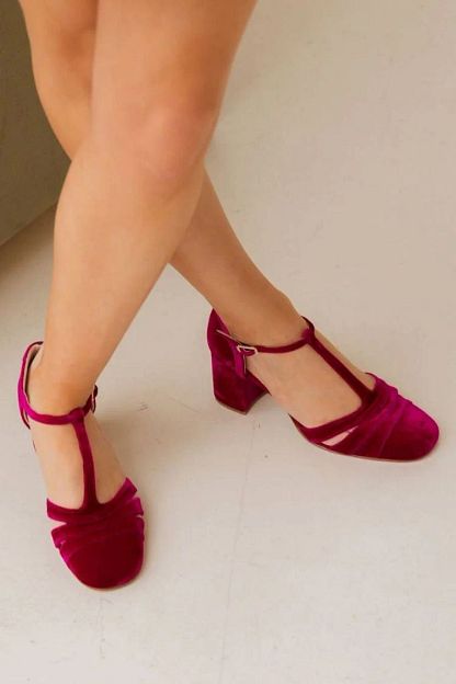 Velvet Cut-Out Block Heels with Buckle and T-Bar Strap