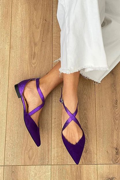 Pointed-Toe Glitter Flats with Matt Crossover Strap