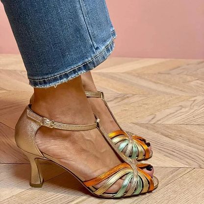 Multicolour and Gold Cut-Out Stilettos with Buckle and T-Bar Strap