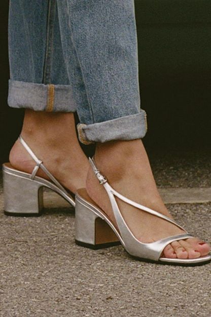 Metallic Strappy Sandals with Block Heel