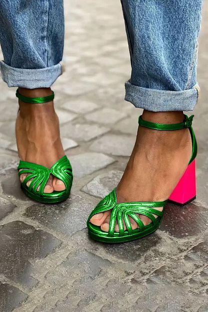 Elegant Sparkling Colour-Block Peep-Toe Block Heels with Ankle Strap and Buckle