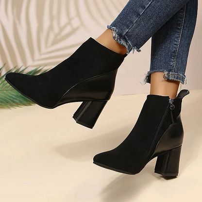 Pointed-Toe Patchwork Chunky-Heel Ankle Boots with Zip