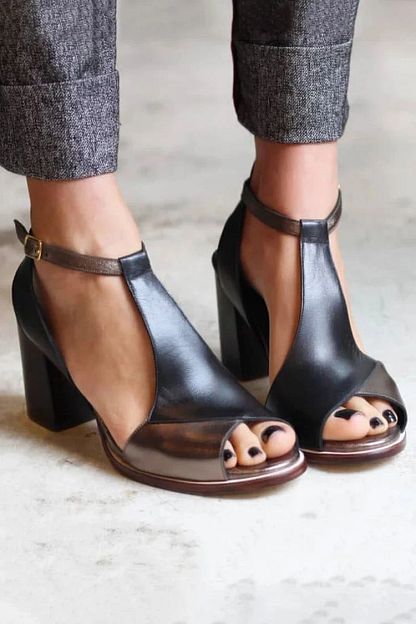 Black Patchwork Peep-Toe Block Heels with Ankle Strap