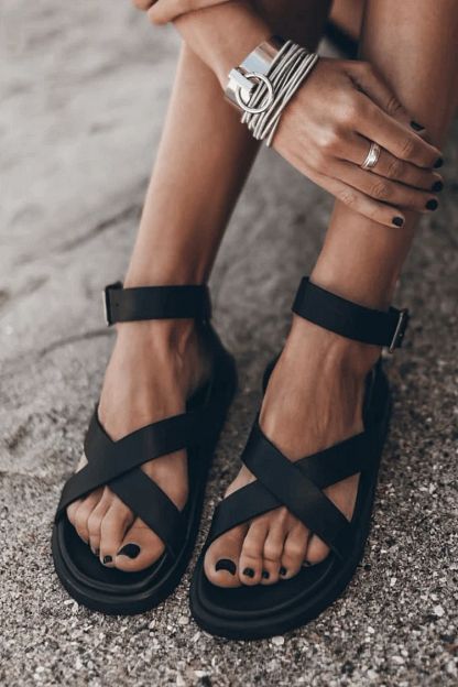 Matt Faux Leather Open-Toe Sandals with Ankle Strap and Crossover Straps
