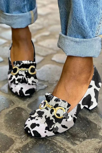 Matt Round-Toe Block Heels with Buckle and Fringe