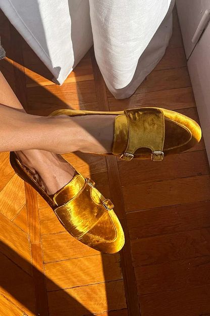 Yellow Suede Slip-On Loafers with Strap and Decorative Buckles