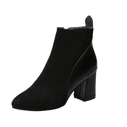 Pointed-Toe Patchwork Chunky-Heel Ankle Boots with Zip