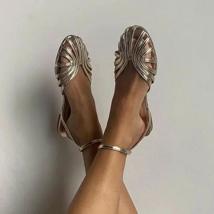Solid-Colour Round-Toe Cut-Out Flats with Ankle Strap