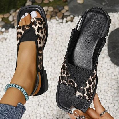 Leopard-Print Patchwork Square-Toe Slingback Sandals