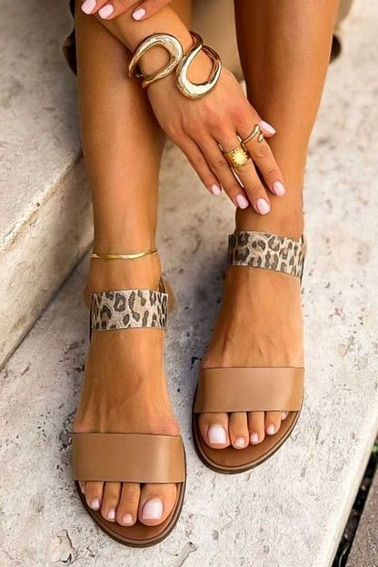 Leopard-Print Faux Leather Flat Sandals with Elastic Strap