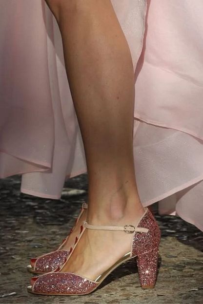 Pink and Red Glitter Sandals with T-Bar Strap, Heart and Block Heel