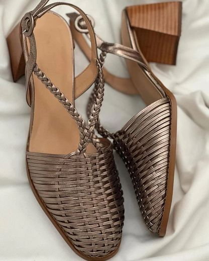 Metallic Champagne Woven Pointed-Toe Block Heels with Straps