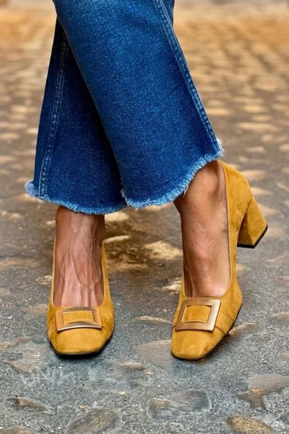Navy Patchwork Square-Toe Block Heels