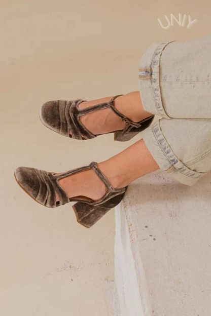 Velvet Cut-Out Block Heels with Buckle and T-Bar Strap