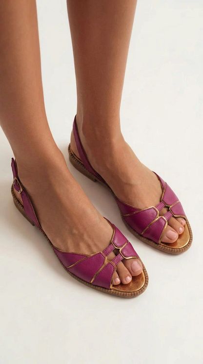 Blue Open-Toe Slingback Flats with Metallic Gold Trim