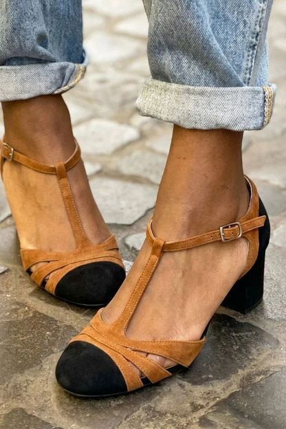 Fuchsia Colour-Block Cut-Out Block Heels with Buckle and T-Bar Strap