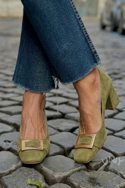 Navy Patchwork Square-Toe Block Heels