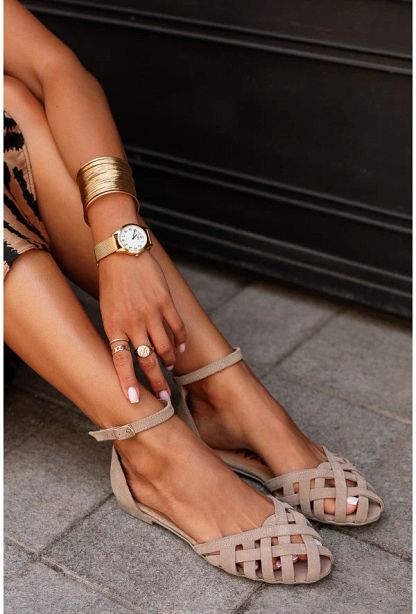 Champagne Cut-Out Round-Toe Sandals with Ankle Strap and Buckle