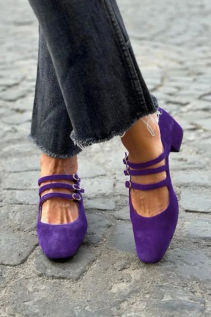 Purple Square-Toe Block Heels with Buckle