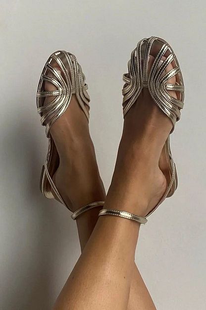 Solid-Colour Round-Toe Cut-Out Flats with Ankle Strap