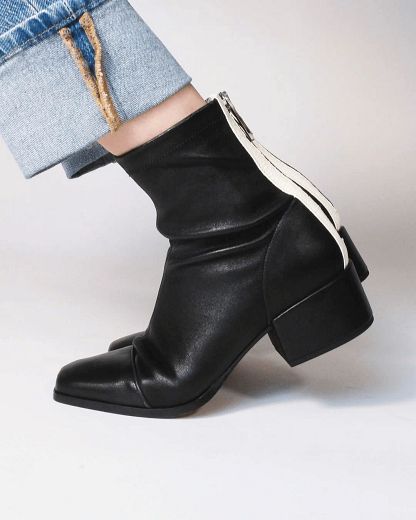 Black Colour-Block Square-Toe Ankle Boots with Zip and Low Block Heel
