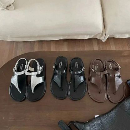 Casual Solid-Colour Thong Sandals with Ankle Strap and Buckle