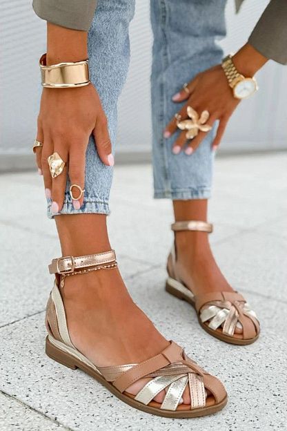 Champagne Colour-Block Cut-Out Sandals with Ankle Strap and Buckle